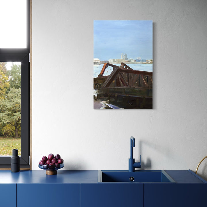 The artwork, Rusted Piers on the Hudson River, NYC, by Jessica Ziegler, displayed in a room.