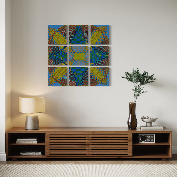 The artwork, SUMMER PALACE, by Barbara Ellmann, displayed in a room.