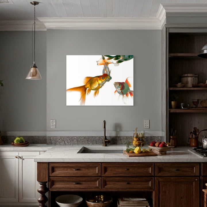 The artwork 'S=cA*z' by Dirk Westphal captures vibrant goldfish in motion against a stark white background, showcasing their flowing fins and scales in stunning detail. The 30x40 inch editioned photograph features dynamic underwater composition with orange and multicolored fish interacting in a minimalist setting