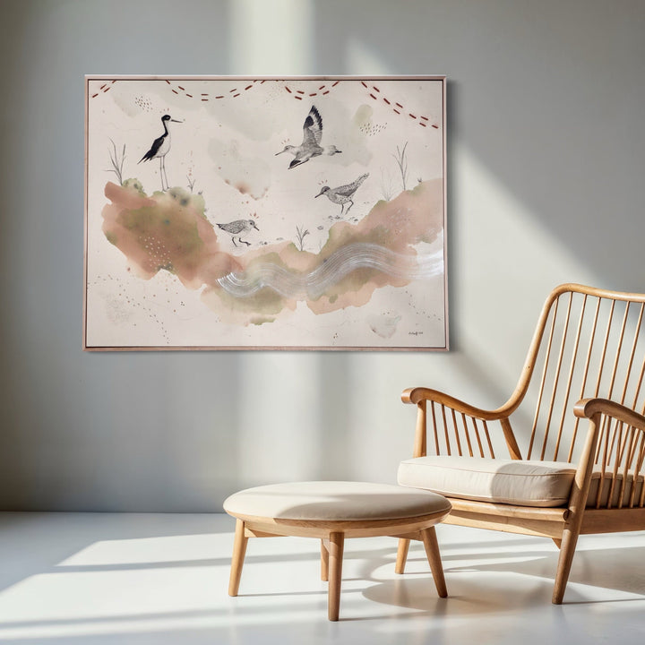 The artwork, Sandpipers, One Foot on Land, the Other in Water, by Alicia Hauff, displayed in a room.