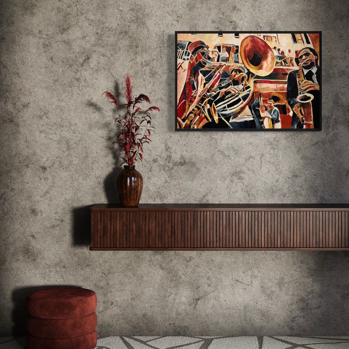 The artwork, Saxy Jazz, by Lauren Luna, displayed in a room.