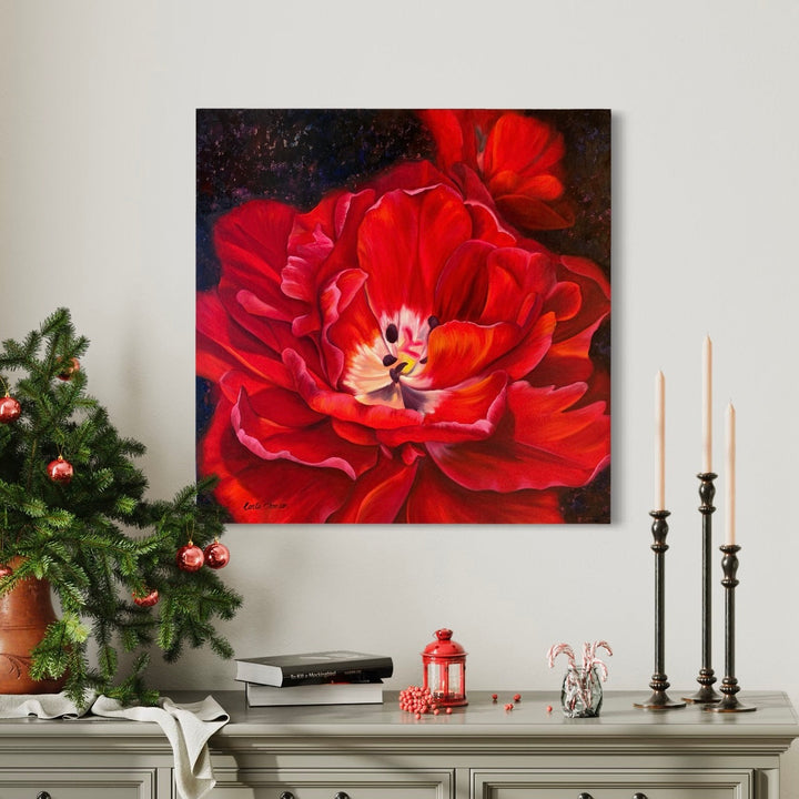 The artwork, Scarlet, by Carla Thomson, displayed in a room.