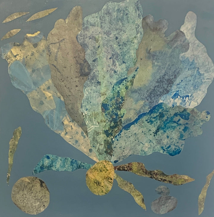 The artwork 'Sea Fan 10' by Sunny Chapman features an abstract marine-inspired composition with a large central fan-like form in mottled blues, greens, and gold against a slate gray background. The mixed media piece incorporates collaged alchemic prints, creating textural depth with ethereal translucent effects. Circular elements and floating fragments complete this ocean-themed 12x12 acrylic artwork by Sunny Chapman.
