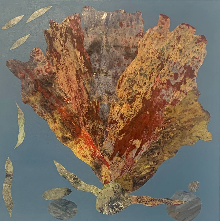 Sea Fan 7 by Sunny Chapman features a textured coral-like form in rich earth tones of rust, gold, and burgundy against a serene blue-gray background. The mixed media artwork incorporates collaged alchemic prints creating a weathered, organic appearance that mimics the natural patterns of marine life. Floating leaf-like elements frame the central fan structure.