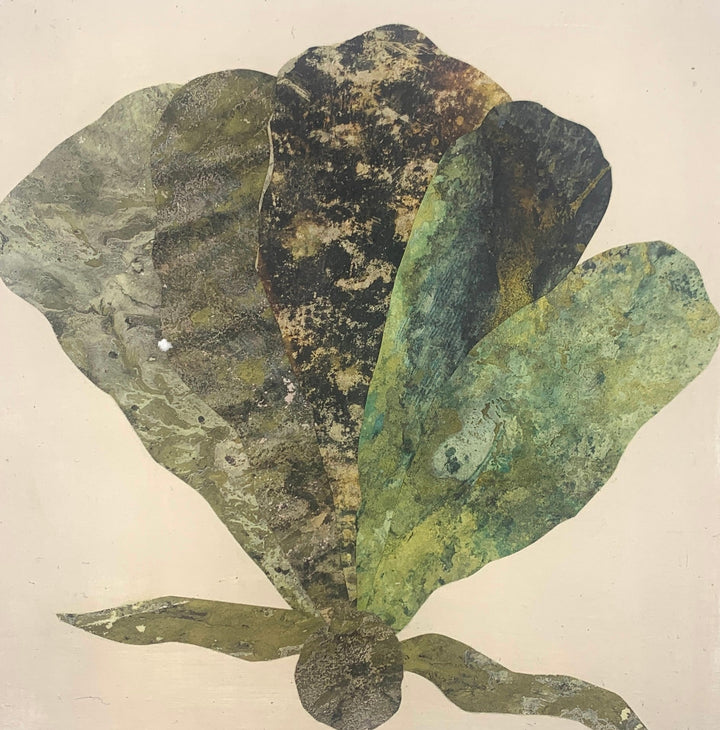The artwork 'Sea Fan 3' features a fan-shaped marine organism rendered in textured acrylic and alchemic print collage. Displaying mottled greens, blacks, and golden hues, the composition captures the organic form against a cream background. The piece evokes oceanic textures through layered, weathered effects on wood panel by Sunny Chapman.