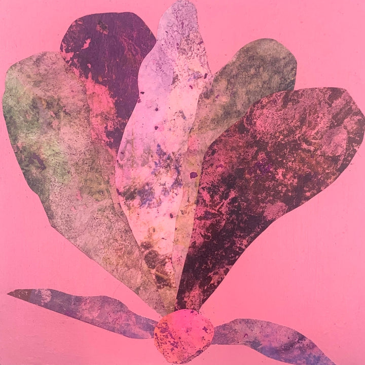 The artwork 'Sea Fan 5' by Sunny Chapman features a striking organic form resembling a sea fan coral against a vivid pink background. The fan-shaped composition displays deep burgundy, mauve, and earthy tones created through acrylic and alchemic print collage techniques on wood panel. The textured, distressed surface creates a vintage, weathered appearance.
