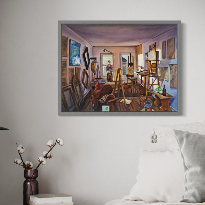The artwork, Self Portrait Painting in MY Dollhouse, by Regina Miele, displayed in a room.