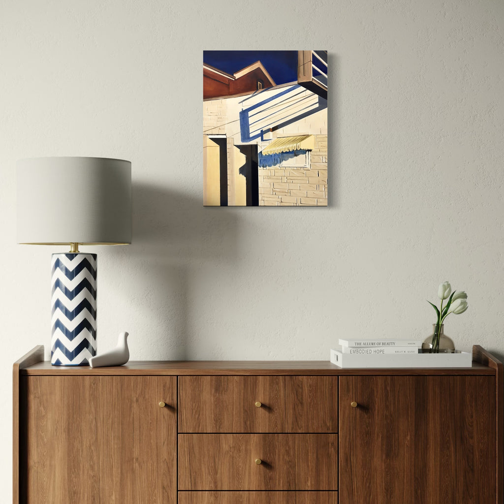 The artwork, Shadows on a Kearny Building, by Allan Gorman, displayed in a room.