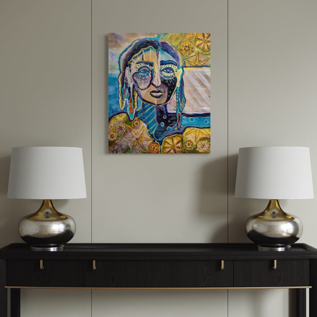 The artwork, She Determines Her Own Destiny, by Laurie Shapiro, displayed in a room.