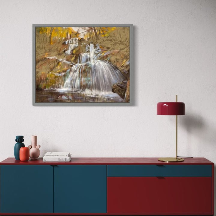 The artwork, Shenandoah Falls, by Regina Miele, displayed in a room.