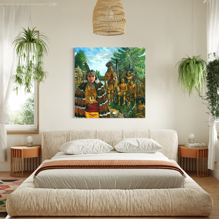 The artwork, Shinnecock–Montauk Ceremony (Native American Long Island Tribes), by David Bunn Martine, displayed in a room.