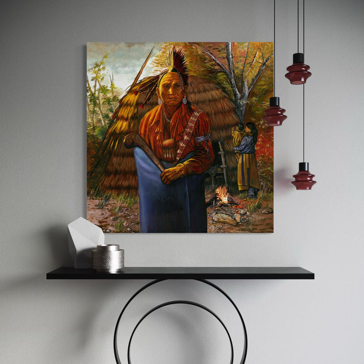 The artwork, Shinnecock–Montauk Tribes Man (Native American of the woodlands, ca. 1780), by David Bunn Martine, displayed in a room.