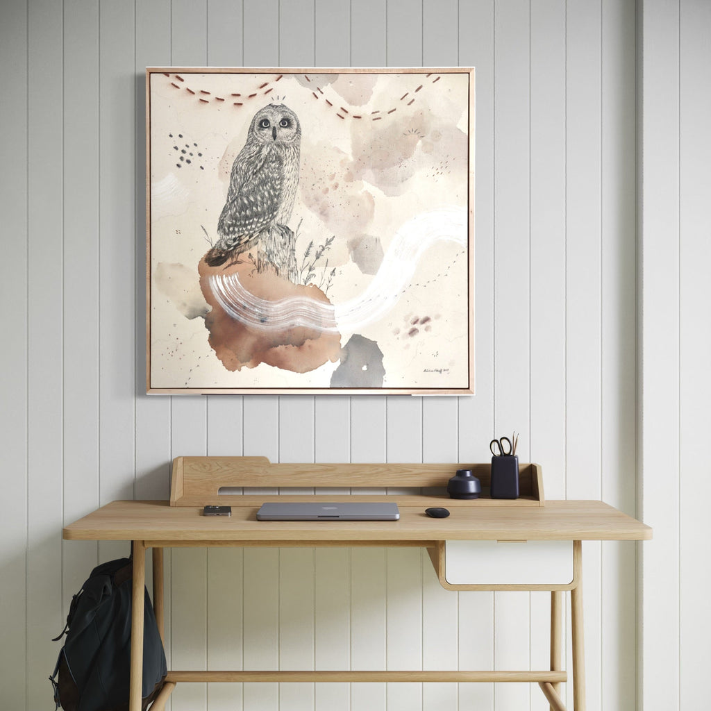 The artwork, Short Eared Owl, Open Country Acrobat, by Alicia Hauff, displayed in a room.