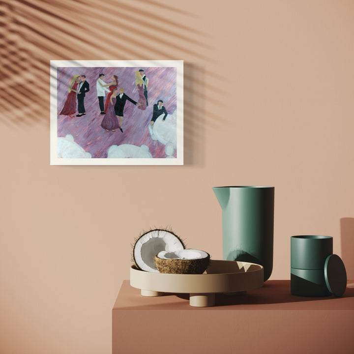 The artwork 'Shorts Everywhere' by Ali Ha features abstract figures rendered in muted tones against a soft pink background. The oil painting showcases minimalist brushwork and fluid movement, with figures appearing to dance or move across the canvas. The composition balances negative space with gestural forms, creating a dynamic yet harmonious 11x14 inch artwork by Ali Ha.