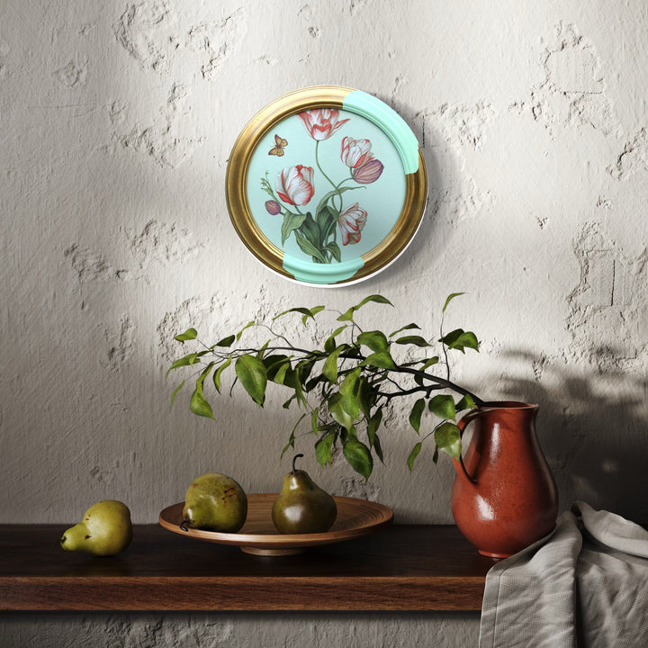 The artwork, Six Tulips and a Butterfly, by Carlos Gamez de Francisco, displayed in a room.