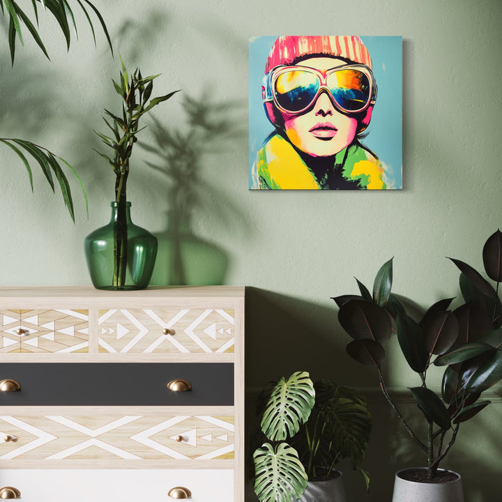 The artwork, Skiing Fashion, by Claudia Sauter, displayed in a room.