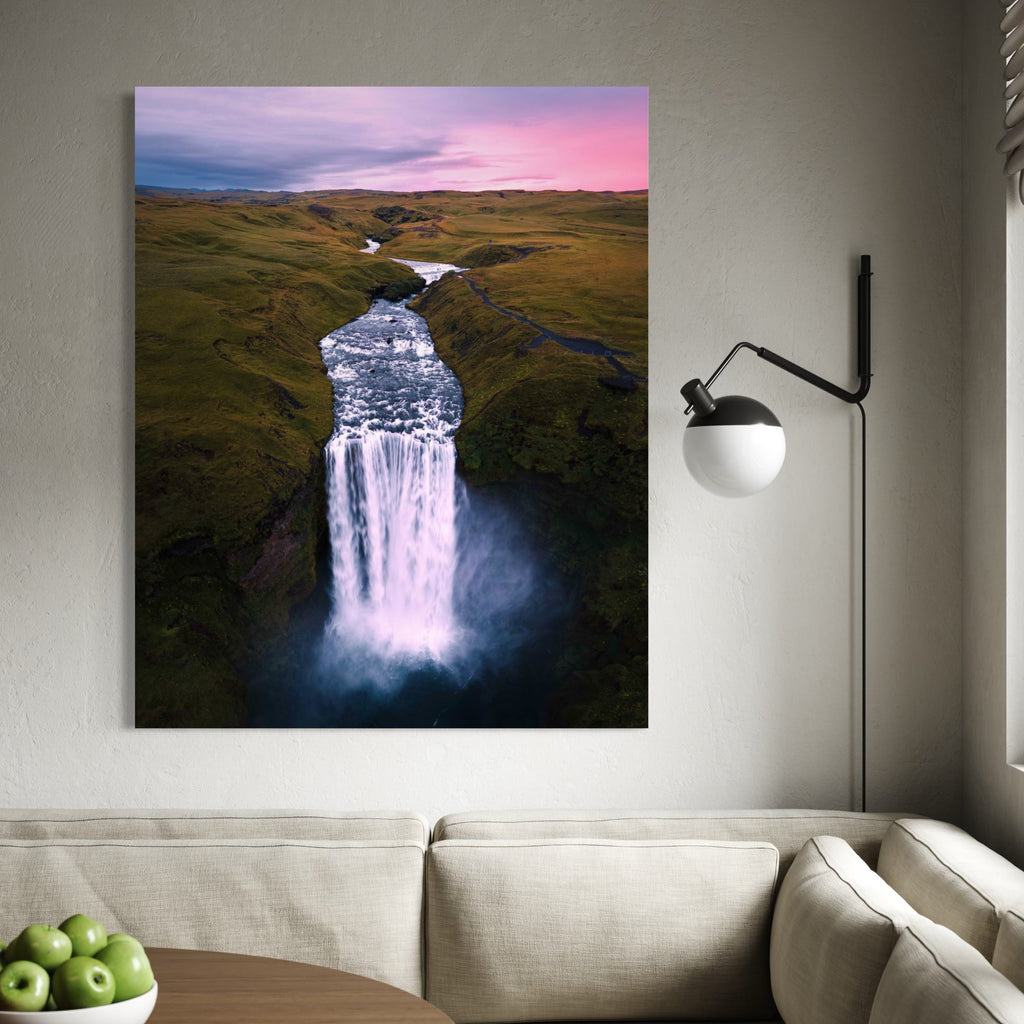 The artwork, Skógafoss, by Kyle Murphy, displayed in a room.