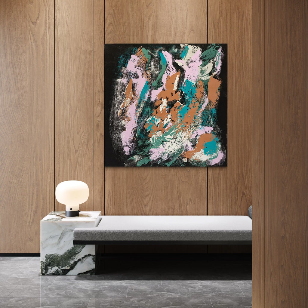 The artwork, Soft Marsh Under the Clouds 2, by Cole Douglas, displayed in a room.