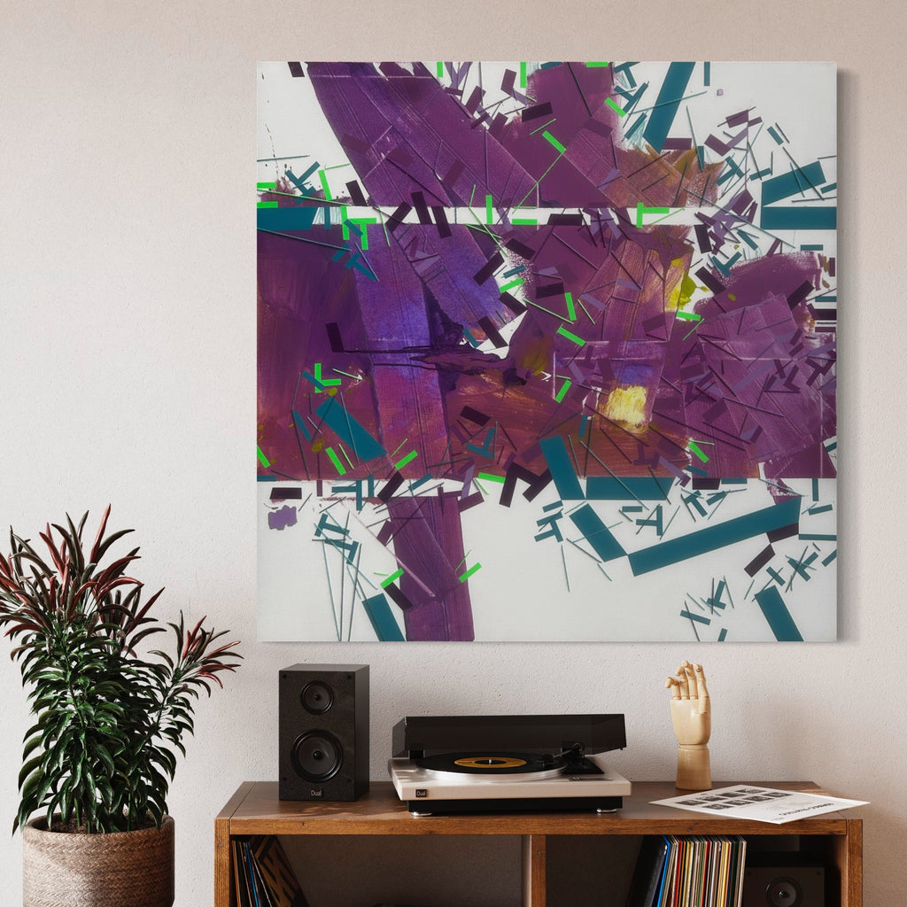 The artwork 'Speddnaar cascade' by Philippe Halaburda features dynamic abstract composition with vibrant purple and teal geometric shapes intersecting across a white canvas. Angular fragments and linear elements create a sense of movement, with bright green accents and burgundy undertones adding depth. Mixed media on canvas, 48x48 inches by Philippe Halaburda.