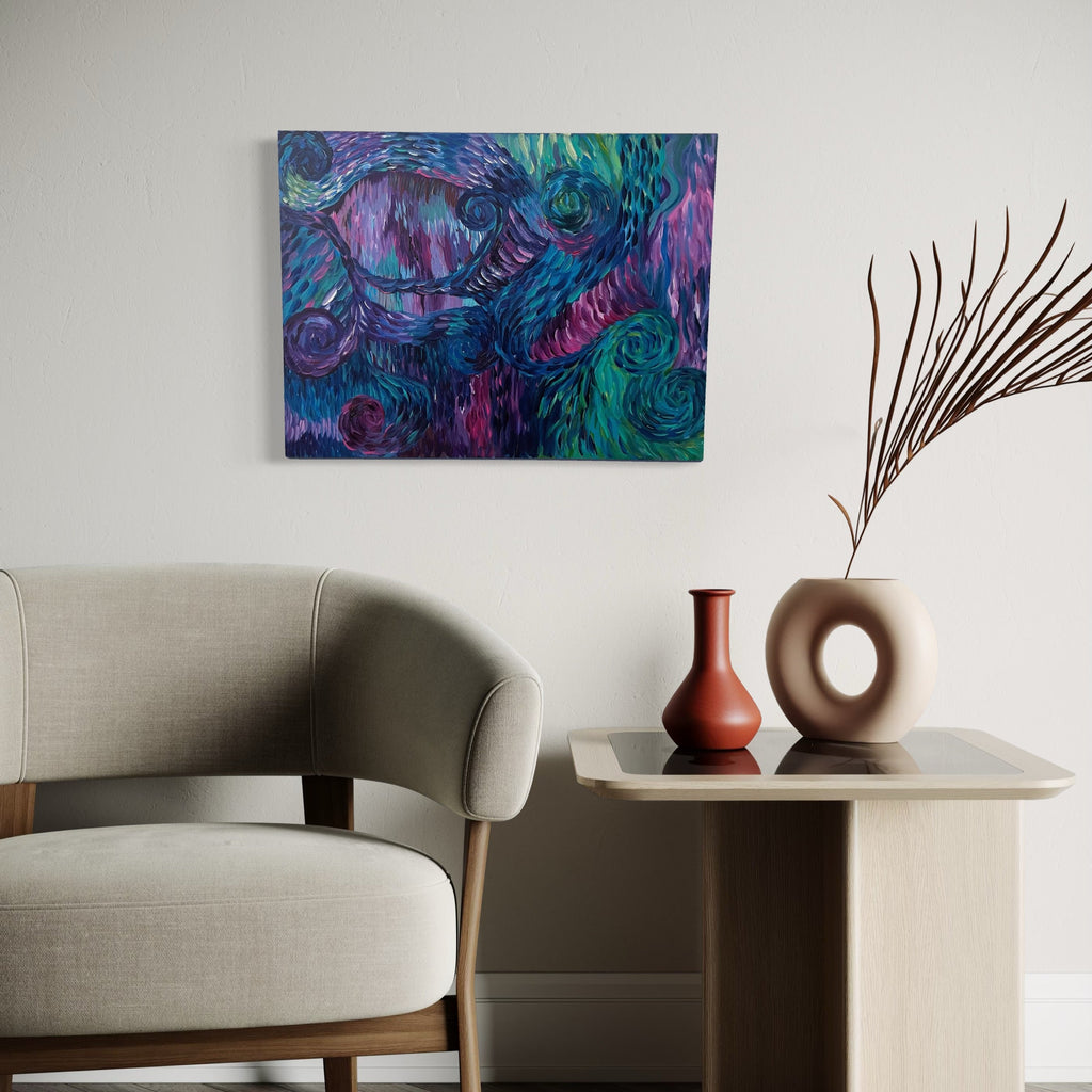 The artwork, Spiraling Out, by Kim Rosebud, displayed in a room.