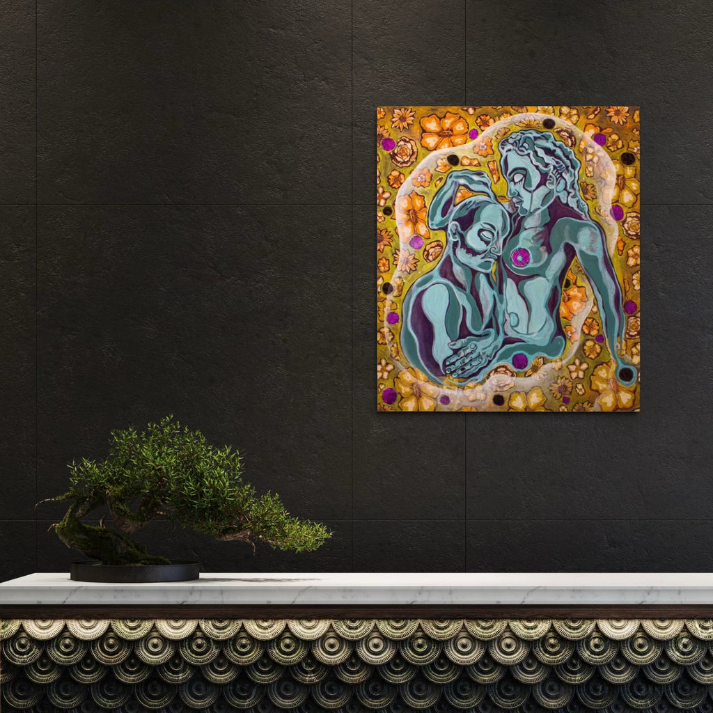 The artwork, Spirits in Love, by Laurie Shapiro, displayed in a room.