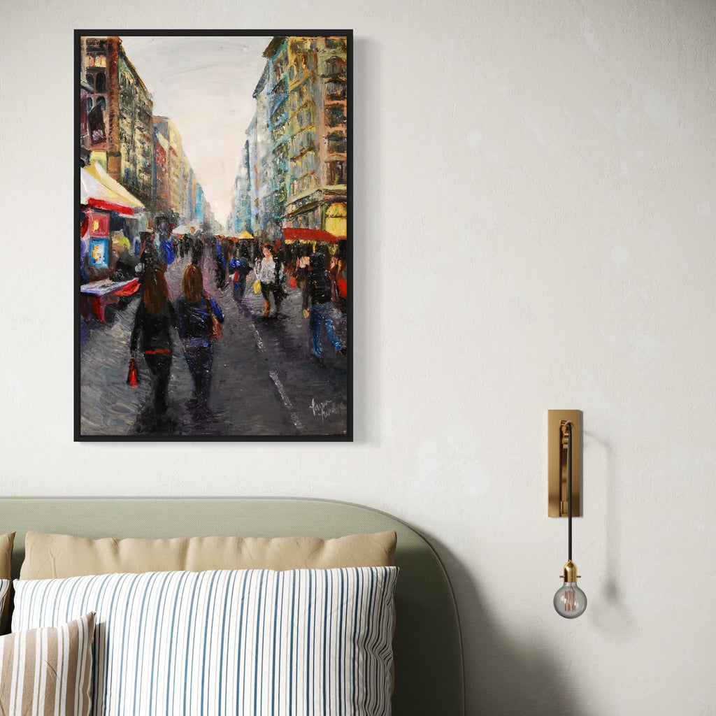 The artwork, Street Bazaar, by Lauren Luna, displayed in a room.