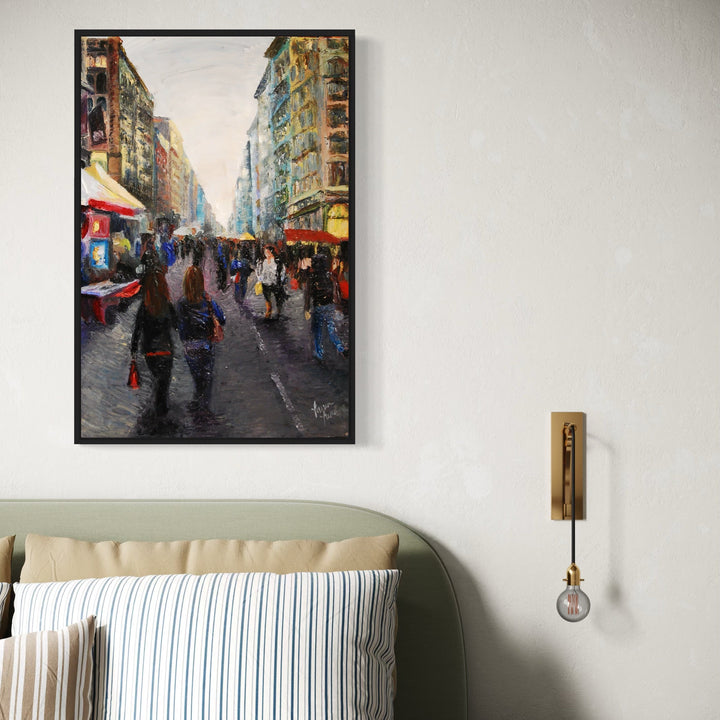 The artwork, Street Bazaar, by Lauren Luna, displayed in a room.