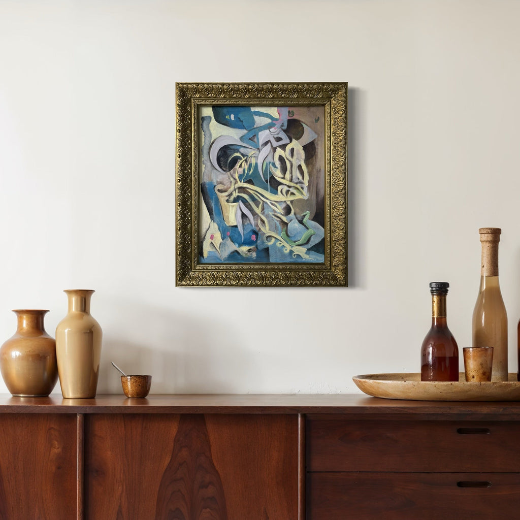 The artwork, String of Dolphins, by David Louis Cintron, displayed in a room.
