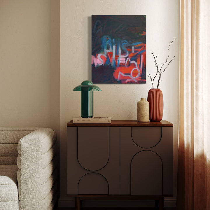 The artwork, Lily & Friends: Study for Pretty Rotten, by Lia Rodi, displayed in a room.