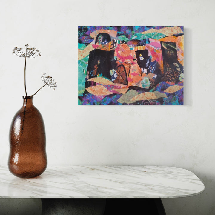 The artwork 'Sugar Mill Ruins' by James Ehling features figures set within arched stone ruins, rendered in vibrant kaleidoscopic colors of turquoise, pink, and purple. The mixed media piece combines acrylic paint and fabric on canvas, creating a dreamlike collage effect with rich textures and abstract patterns surrounding architectural elements. Artist: James Ehling