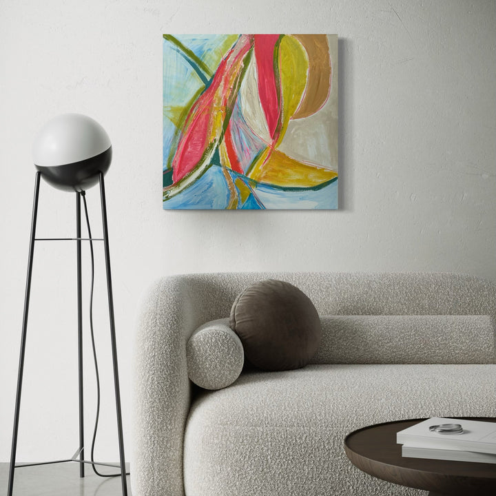 The artwork 'Summer Fruit' features vibrant abstract shapes in coral pink, sunny yellow, and sky blue swirling across a light gray background. Bold brushstrokes create dynamic curved forms that intersect and flow, suggesting tropical motion. The 24x24 inch acrylic painting demonstrates expressive contemporary style by Beth Barry.