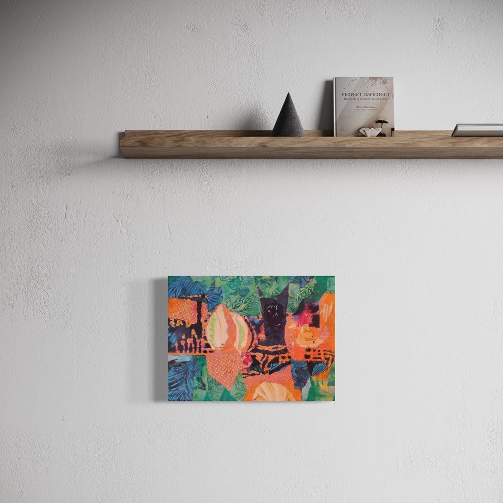 The artwork 'Summer Oasis' by James Ehling features vibrant tropical patterns with layered fabric collage elements. Bold coral and peach shapes contrast against deep turquoise palm fronds and emerald foliage. Abstract geometric patterns and organic forms blend in a mixed media composition. Textural acrylic details on canvas create a dynamic, summery atmosphere. By James Ehling.