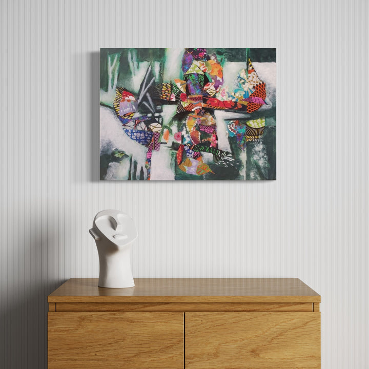 The artwork 'Summer in the Boreal Forest' by James Ehling features a vibrant mixed-media composition with colorful fabric collage elements arranged in an abstract pattern against a misty forest-inspired background. Bursts of pink, purple, and orange textiles contrast with ethereal white and green tones, creating a dynamic 18x24 inch acrylic and fabric artwork on canvas.