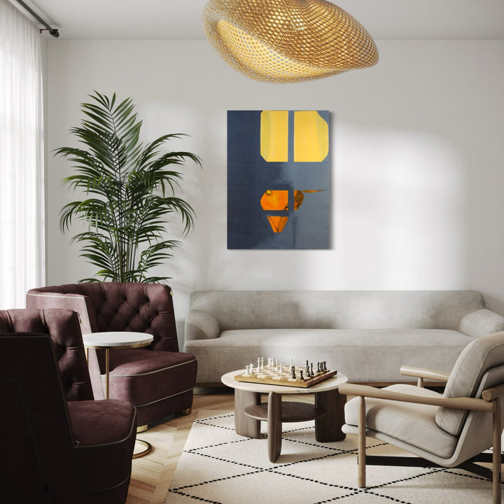 The artwork 'Sunrise in the West 14' by Cora Jane Glasser features bold geometric shapes in vibrant yellow and orange against a deep navy blue background. Abstract oil painting showcasing minimalist composition with crisp edges, mounted on wood-braced plexi. The composition suggests architectural elements or fragmented forms bathed in warm morning light.
