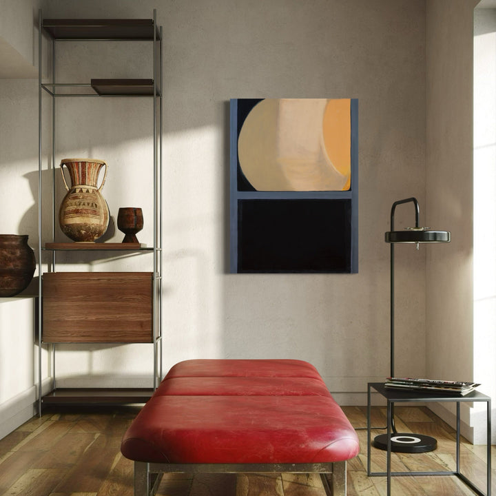 Sunrise in the West 15 by Cora Jane Glasser features a modern geometric abstract composition in oil, combining curved forms in soft beige and peach tones against a deep navy blue background, paired with a bold black rectangular segment below. This minimalist artwork, mounted on wood-braced plexi, creates a striking visual balance between warm and cool colors.