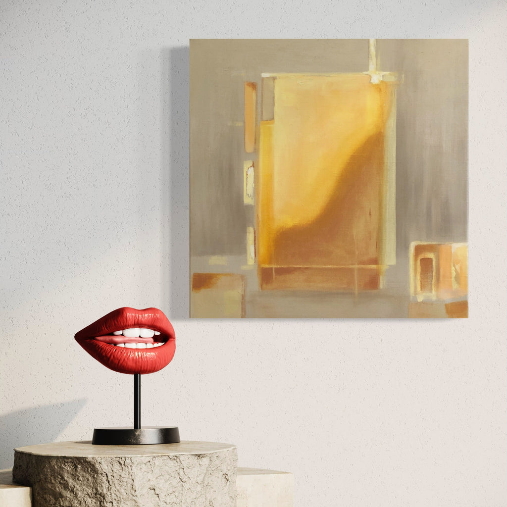The artwork 'Sunset in the East -4' by Cora Jane Glasser features abstract geometric shapes in warm amber and golden tones against a muted gray background. The 20x20 inch oil painting on stretched canvas showcases minimalist rectangular forms with subtle color transitions, creating a contemporary architectural composition with soft edges and translucent layering.
