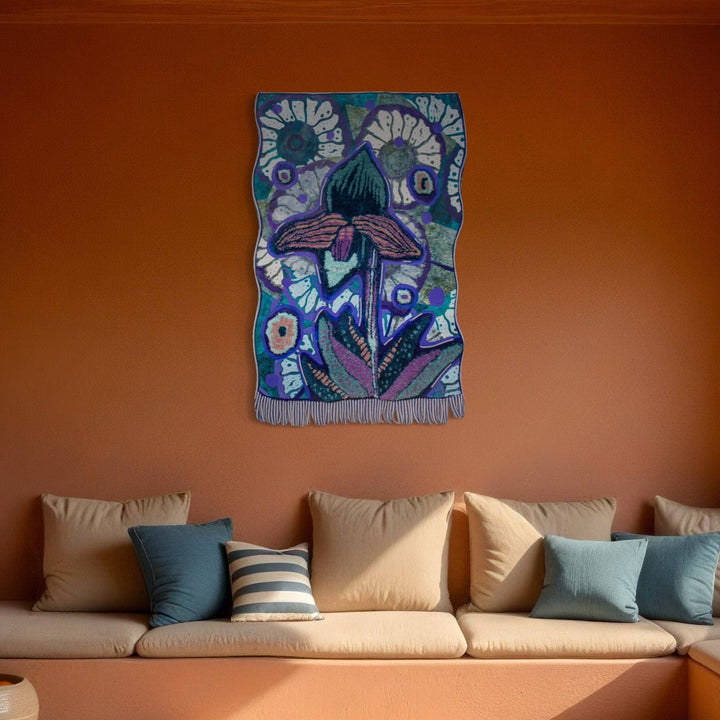 The artwork, Surprise in Blue, by Laurie Shapiro, displayed in a room.
