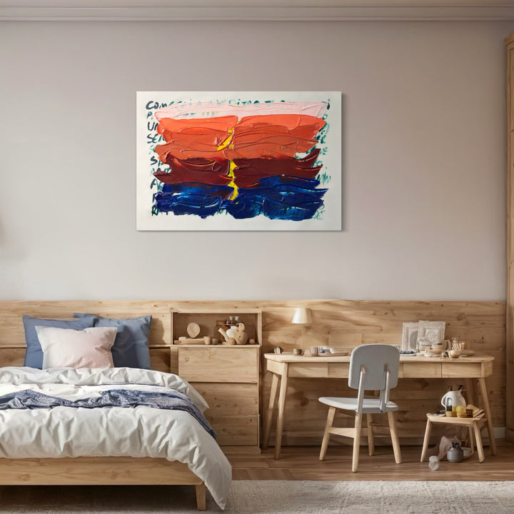 The artwork 'Suspiro 151' by Carin Kulb Dangot features bold horizontal brushstrokes in vibrant coral red and deep navy blue, separated by a striking yellow lightning-like stroke. The abstract composition showcases expressive acrylic paint application on canvas, creating a dramatic sunset-like effect against a white background. 38x56 inches acrylic painting by Carin Kulb Dangot.