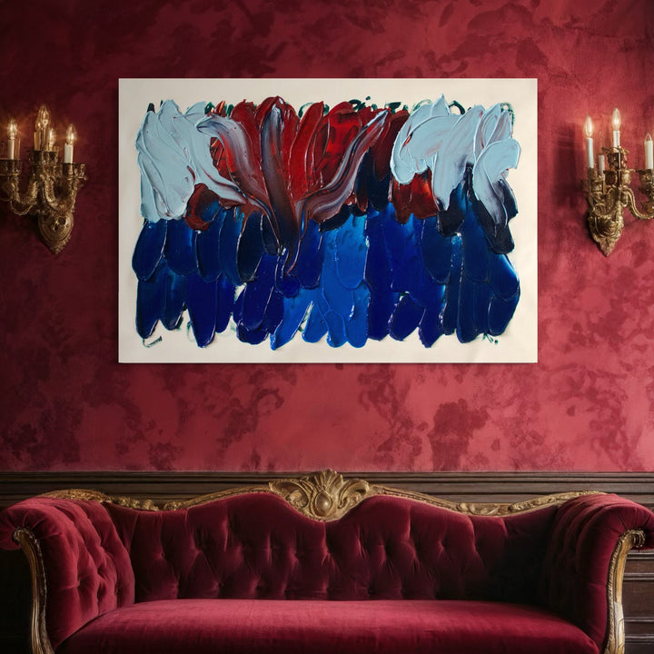 The artwork 'Suspiro 171' by Carin Kulb Dangot features bold brushstrokes in vibrant deep blue, crimson red, and light blue hues. Abstract expressionist composition with dynamic movement, showcasing thick impasto technique on canvas. Dramatic contrast between cool and warm tones creates a powerful visual impact against white background.