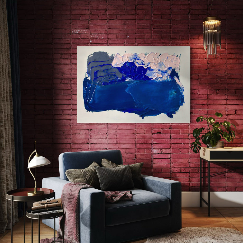 The artwork 'Suspiro 191' by Carin Kulb Dangot features bold abstract composition dominated by deep ultramarine blue strokes layered with white and gray accents. Dynamic brushwork creates a horizontal seascape-like impression on canvas, with expressive acrylic textures and fluid movement across the 56-inch width. The painting displays contemporary minimalist style with powerful gestural elements by Carin Kulb Dangot.