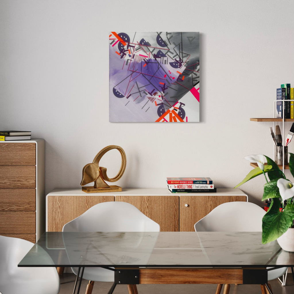 The artwork 'Suusillo' by Philippe Halaburda features dynamic abstract geometric shapes in vibrant red and blue against a misty gray background. Angular lines and bold strokes create a sense of movement and energy, while the mixed media technique adds depth and texture to the 30x30 inch composition. Splashes of orange and purple complement the contemporary urban aesthetic.