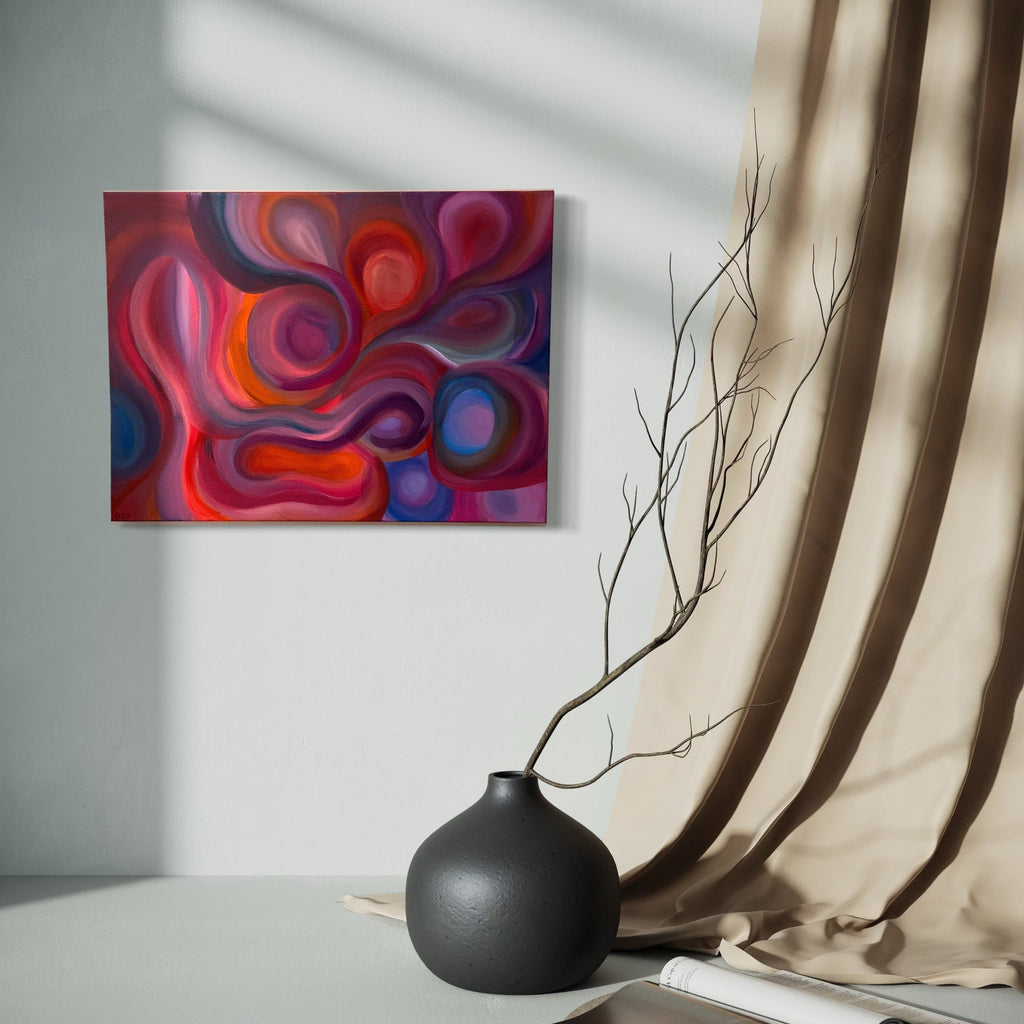 The artwork, Swirl Bridge, by Kim Rosebud, displayed in a room.