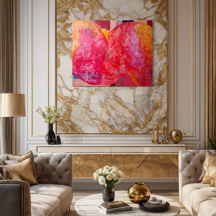 Symphony 1 by Carin Kulb Dangot: Large abstract acrylic painting featuring vibrant swirls of coral pink and orange hues against a bold red background. Dynamic brushstrokes create movement and depth across the 74x55 inch canvas. Textural elements and layered paint application suggest an energetic, expressive composition with flowing, symphony-like rhythm.