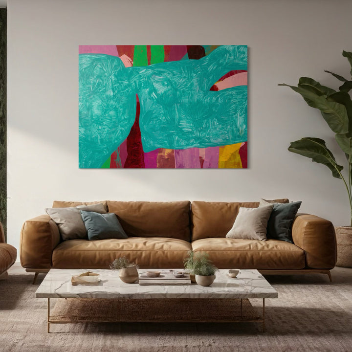 Symphony 2 by Carin Kulb Dangot: A vibrant abstract acrylic painting featuring a dominant turquoise background with bold geometric shapes in pink, red, green, and yellow. The textured brushwork creates a dynamic composition with contrasting color blocks, displayed as a 54x74 inch canvas artwork, perfect for contemporary interior spaces.