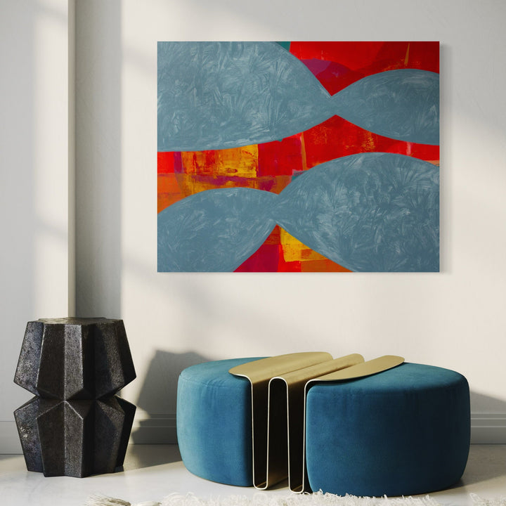 The artwork 'Symphony 5' by Carin Kulb Dangot features bold abstract waves in muted blue-gray tones flowing across vibrant red and orange backgrounds. A striking yellow accent adds warmth and depth to the composition, while textured brushstrokes create dynamic movement throughout the 36x44 inch acrylic canvas.