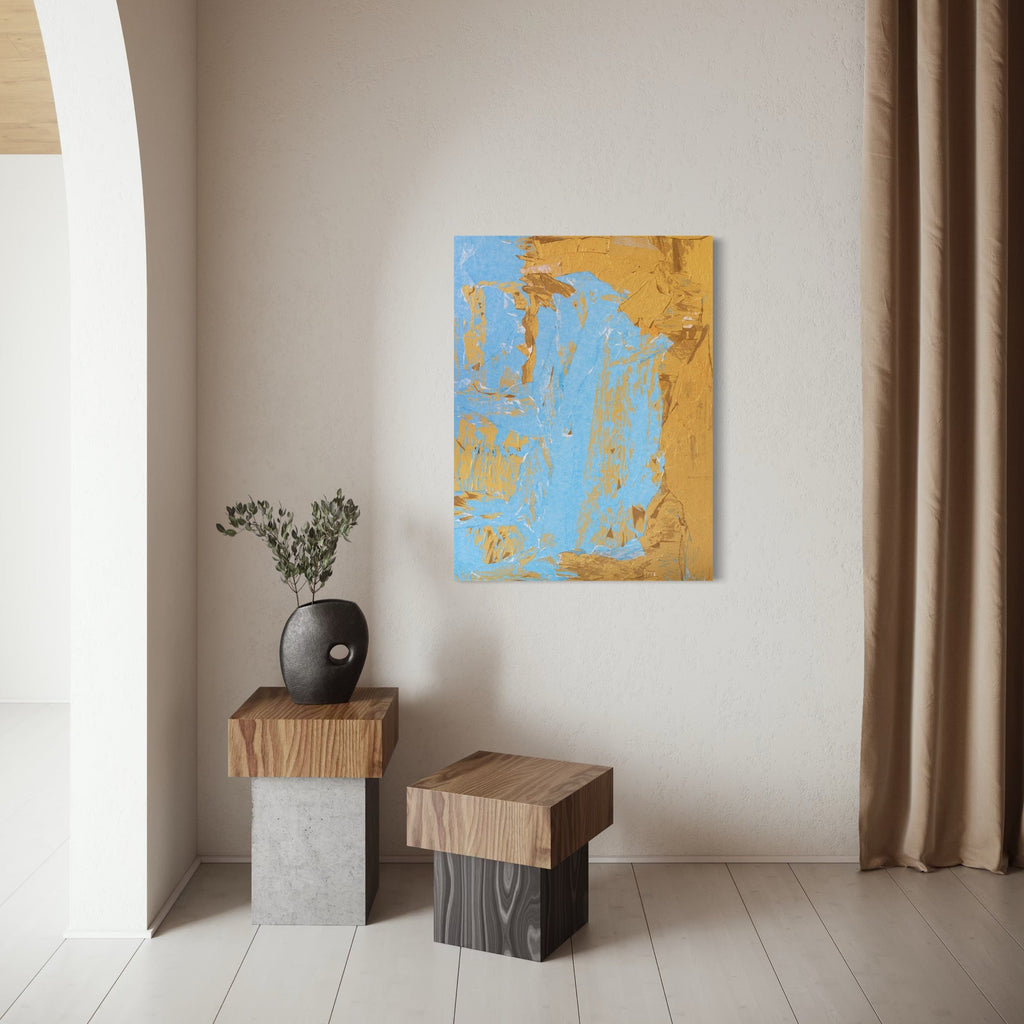 The artwork, TAFD Blue and Gold, by Amy Turner, displayed in a room.