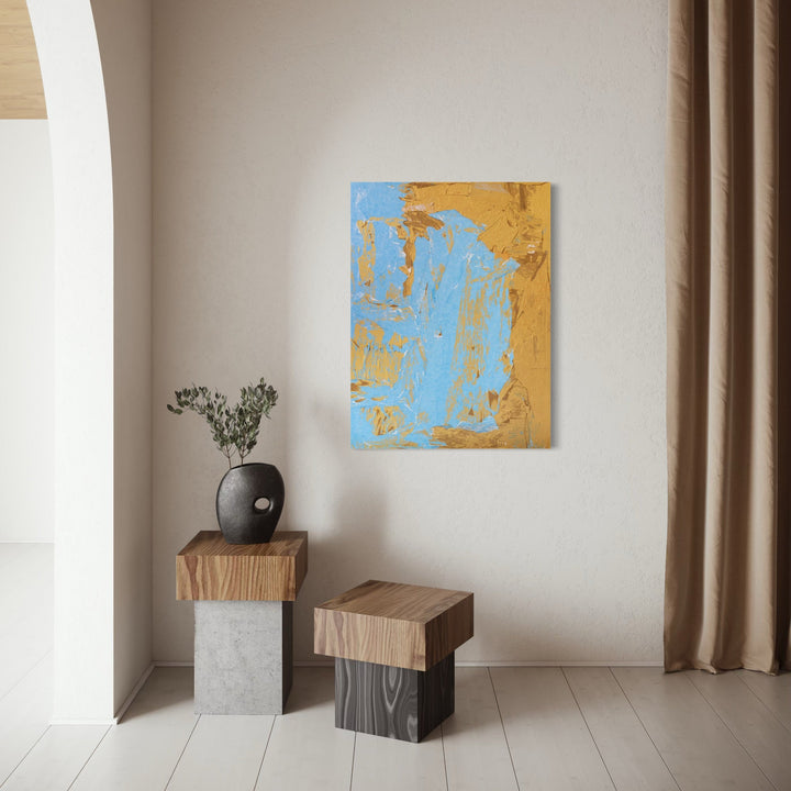 The artwork, TAFD Blue and Gold, by Amy Turner, displayed in a room.