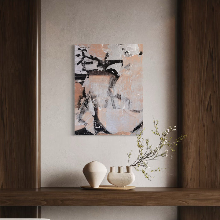 The artwork, TAFD Blush Graffiti, by Amy Turner, displayed in a room.