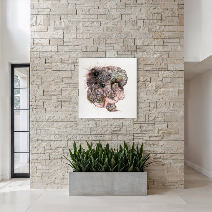 The artwork, THE SECRET VOICE, by Lisyanet Rodriguez, displayed in a room.