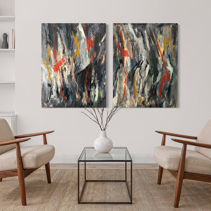 The artwork, Twins Diptych, by Albion Vu, displayed in a room.